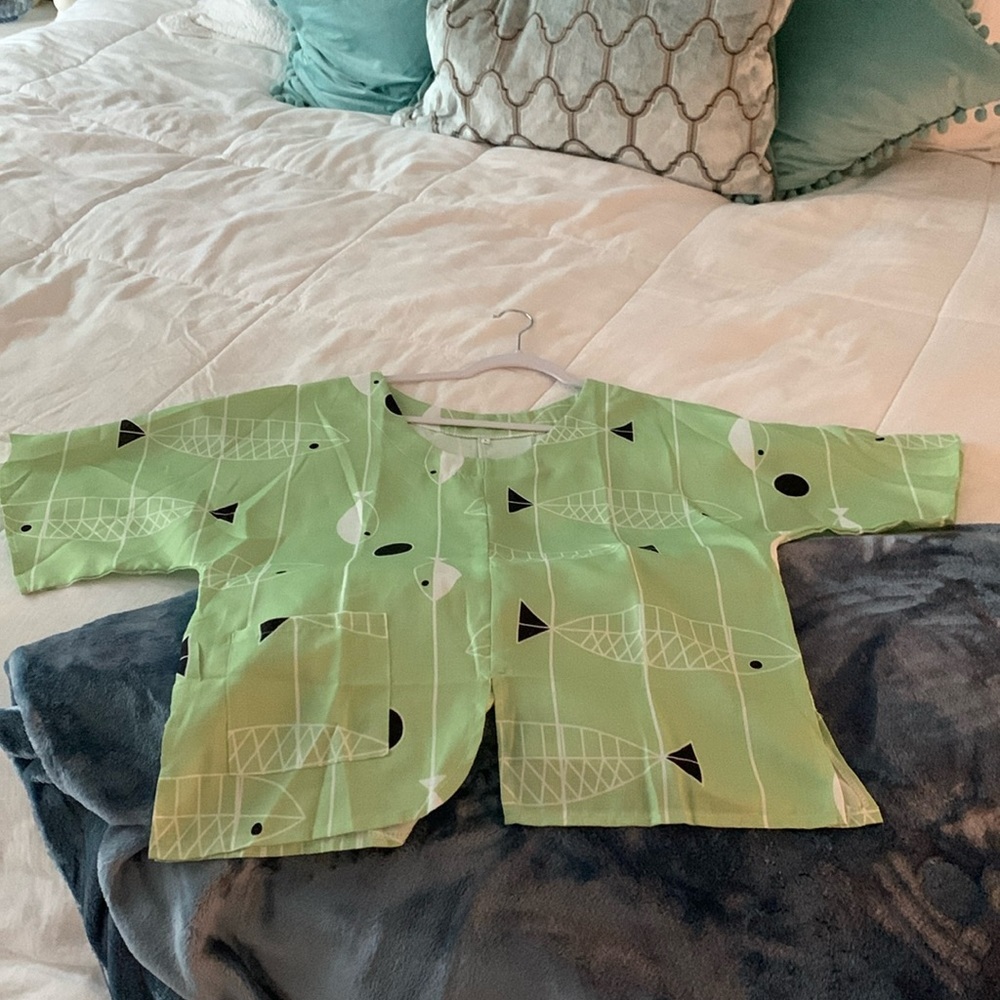 Lime Green, White and black fish top Size Large